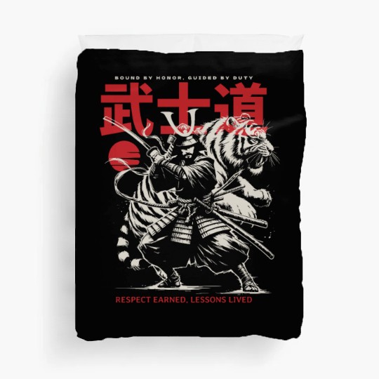 Japanese Samurai with Katana, Kanji Typography Duvet Covers