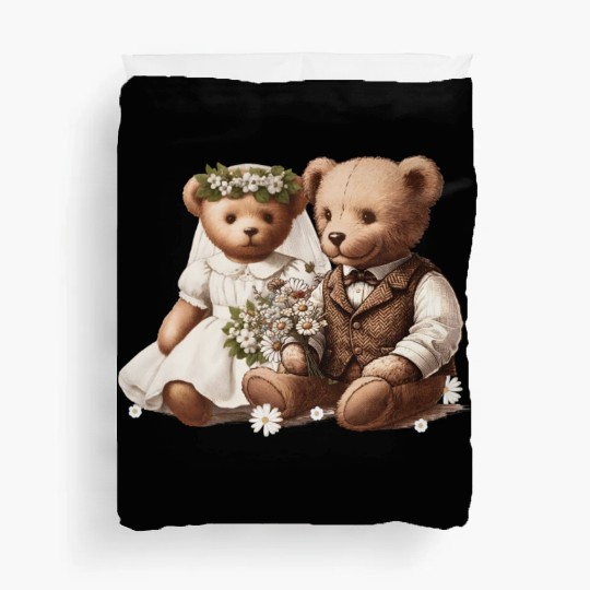 Vintage wedding: teddy bear bride and groom Duvet Covers