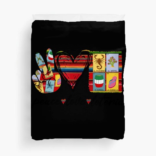Peace Love Loteria Serape Mexican Bingo Card Duvet Covers