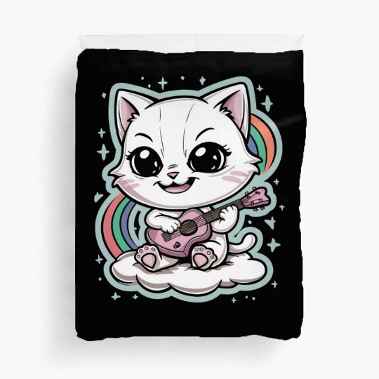 Cute White Cat Playing Guitar on Cloud - Rainbows Duvet Covers