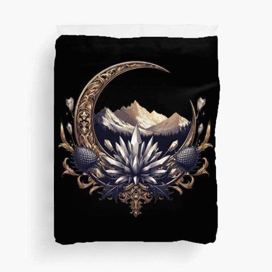 Crescent moon in gold, with crystals and mountains Duvet Covers