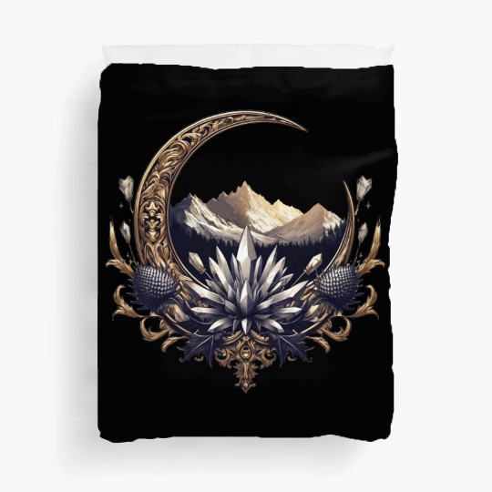 Crescent moon in gold, with crystals and mountains Duvet Covers