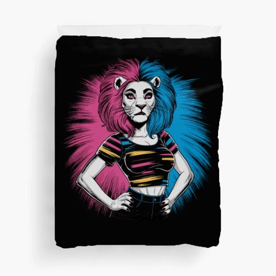 Punk Lion with pink and blue hair retro style for Duvet Covers