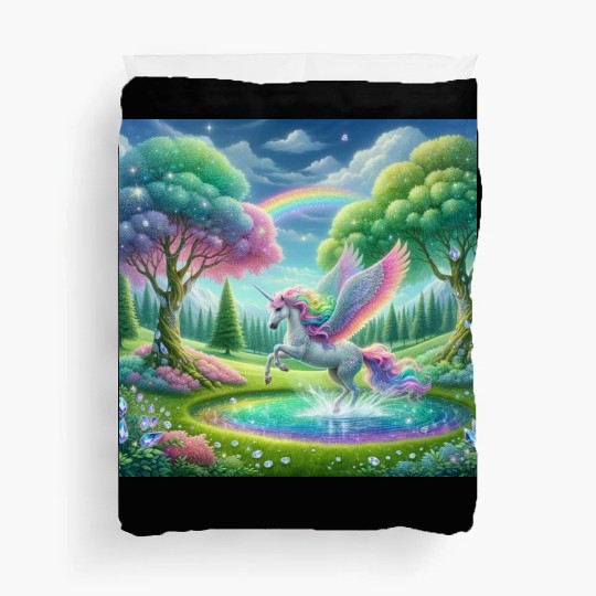 Enchanted Rainbow Unicorn Over Sparkling Pond Duvet Covers