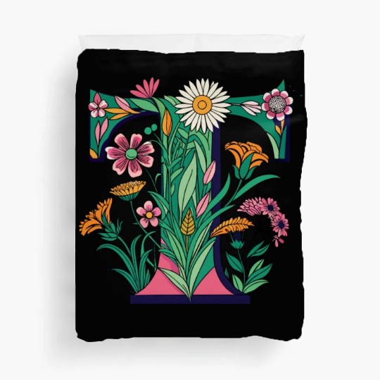Pink and Green Floral Sketched Letter 'T' Duvet Covers