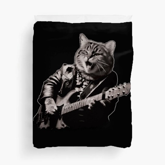Rocker Cat Playing Guitar Instruments Meow Duvet Covers