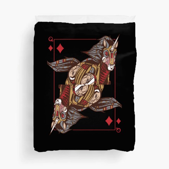 Unicorn steampunk card game Queen of Diamonds Poke Duvet Covers
