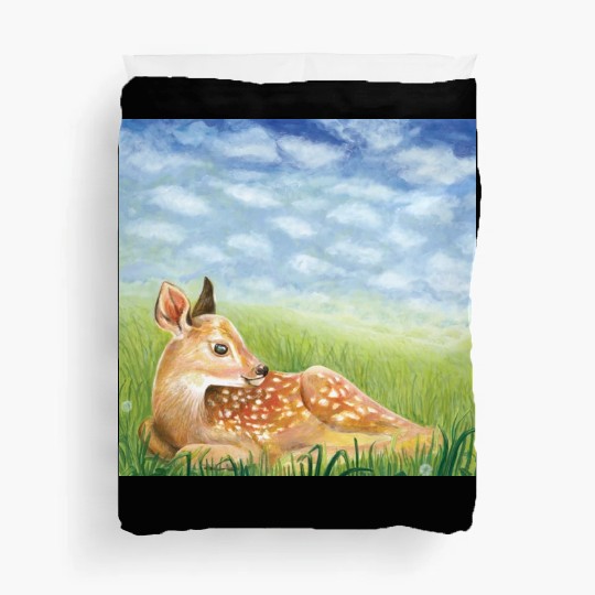 Cute Little Fawn in the Grass Illustration Duvet Covers