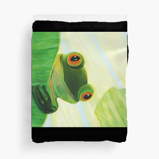 Cute Green Frog Peeping out From Behind Lily Pad Duvet Covers