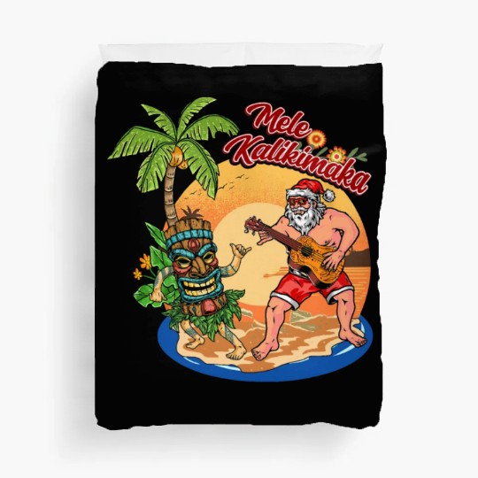 Mele Kalikimaka Funny Santa Playing Guitar Hawaii Duvet Covers