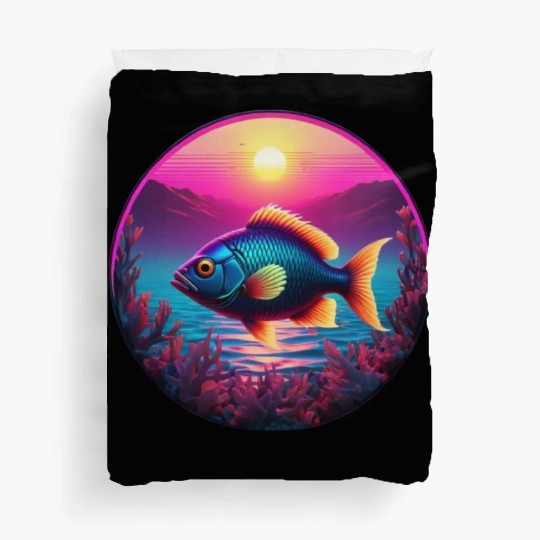 Synthwave Fish and Coral and a Sunset and Ocean Duvet Covers