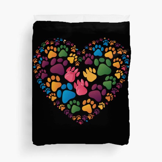 Colorful Cat Paw Prints Forming a Heart Shape Duvet Covers