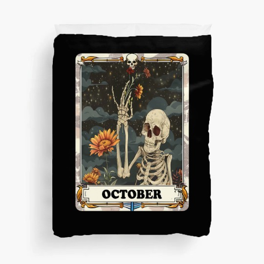 October Gothic Tarot Card - Marigold Flower & Skel Duvet Covers
