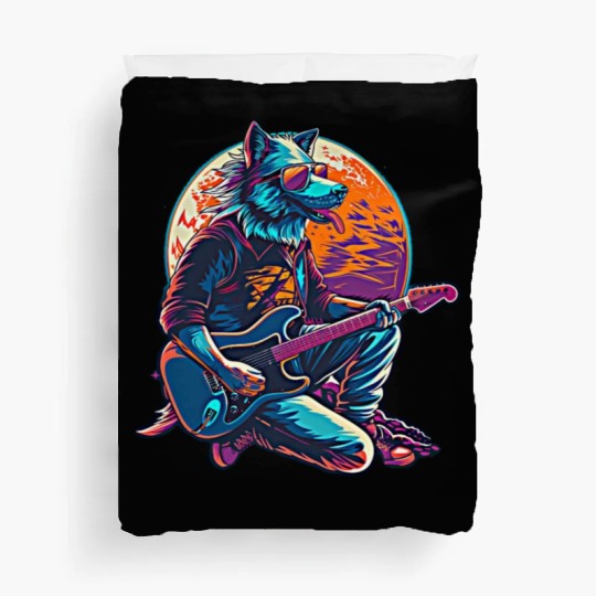 Blue Wolf Moon Guitar Player Retro Sunglasses Duvet Covers