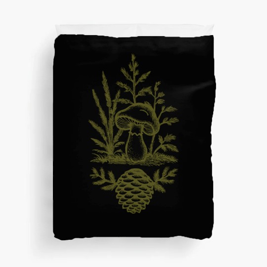 Mushroom and Pine Cone Design Forest Green Duvet Covers