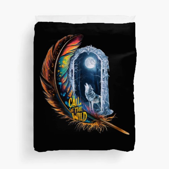 Glowing feather with wolf howling at the moon Duvet Covers