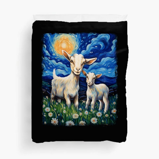 Goats Farm Animals Farmer Starry Night Painting Duvet Covers