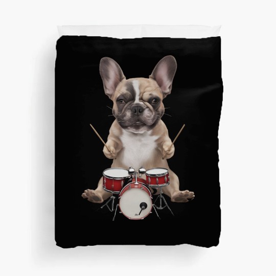 Frenchie Playing Drums Realistic Duvet Covers