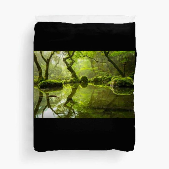 Enchanted Forest Reflections in Tranquil Pond Duvet Covers
