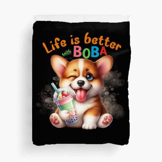 Corgi with BOBA tea Milk TEA Bubble tea Duvet Covers