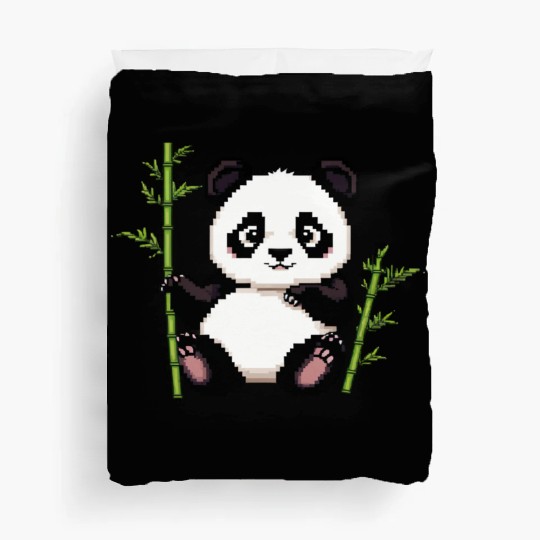 A pixel art of a panda with a bamboo leaf Duvet Covers
