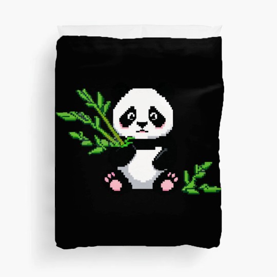 A pixel art of a panda with a bamboo leaf Duvet Covers