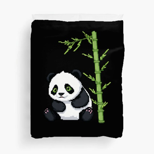 A pixel art of a panda with a bamboo leaf Duvet Covers