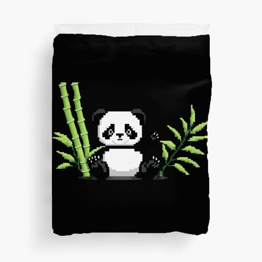 A pixel art of a panda with a bamboo leaf Duvet Covers