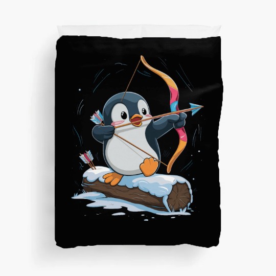 Penguin Archer Aiming in Winter Snow Scene Duvet Covers