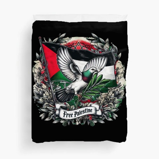Pigeon holding olive's leaf free Palestine Flag Duvet Covers