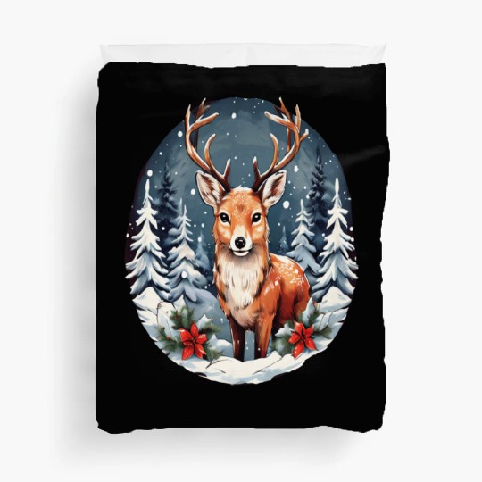 Christmas Deer with Poinsettia and Snow Duvet Covers