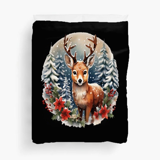 Christmas Deer with Poinsettia and Snow Duvet Covers