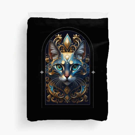 Elegant stylish blue and gold cat face Duvet Covers