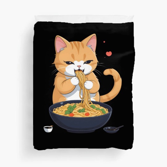 Funny Kawaii Cat Eating Ramen Noodles Japanese Duvet Covers