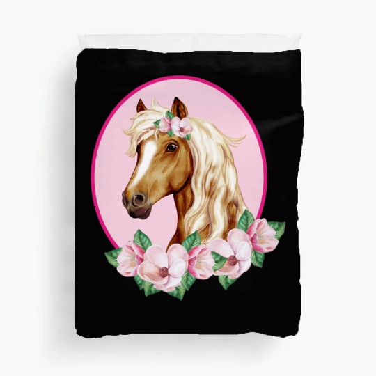 Brown Horse with pink Flowers Duvet Covers