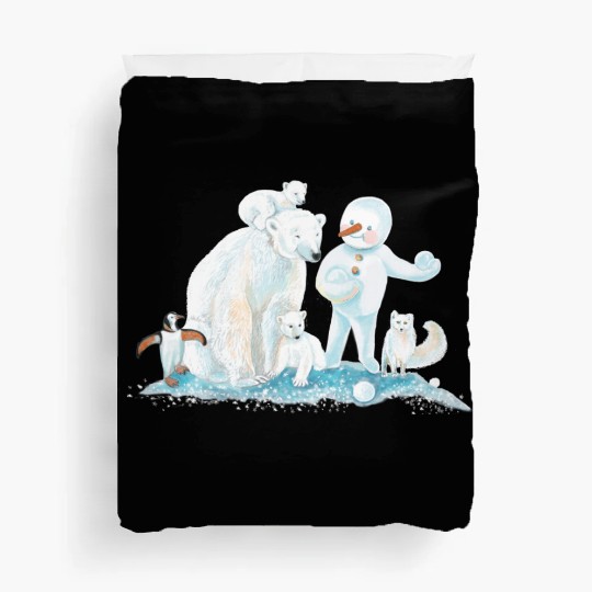 Polar Animals and Snowman in Ice Cold Winter Duvet Covers