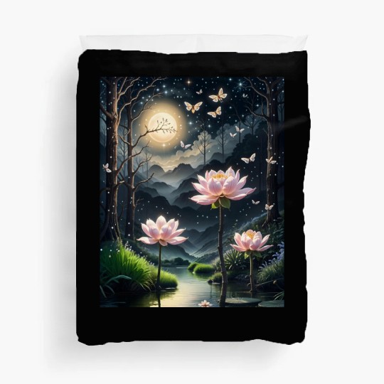 Lotus Blossoms Under the Moonlight Duvet Covers