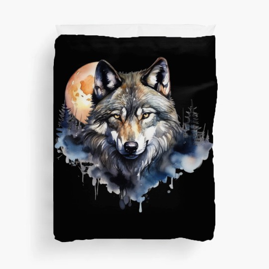 Wolf Portrait Under Full Moon Design Duvet Covers