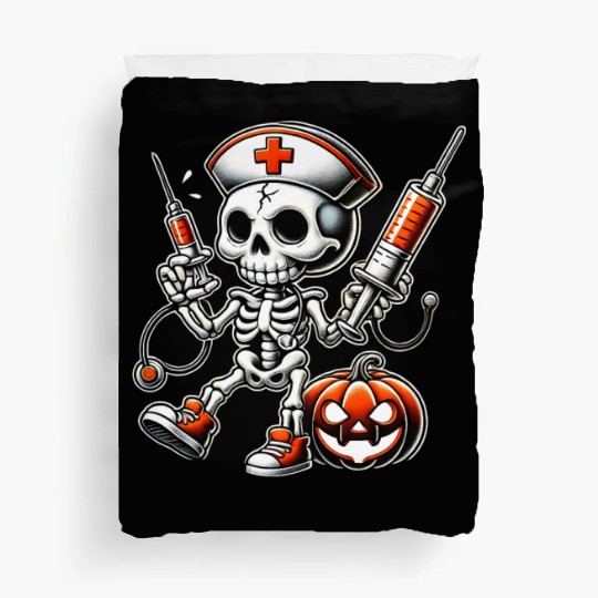 Skeleton Nurse with Medical Syringes Halloween Duvet Covers