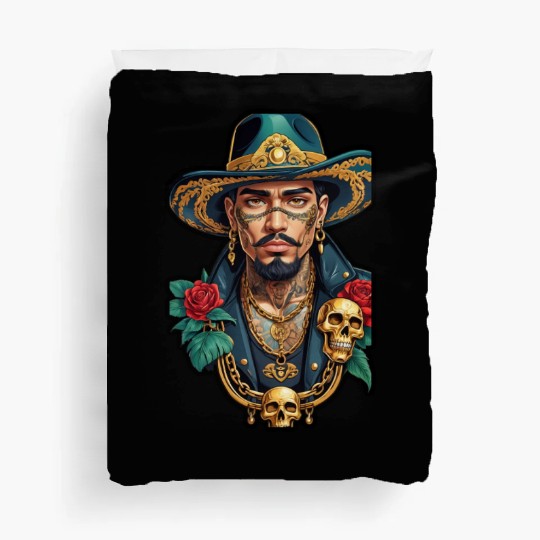 Stylish Man with Hat, Tattoos, and Gold Chains Duvet Covers