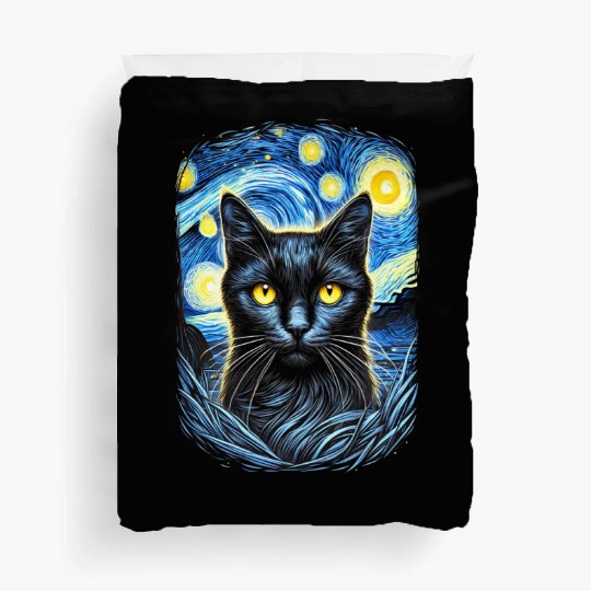 Funny Starry Night Black Cat Van Gogh Art Cat Duvet Covers