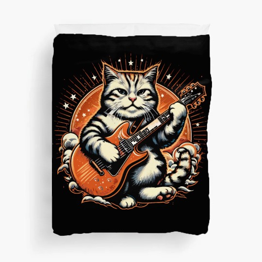 Cat Playing Guitar Rock Star Rock and Roll Duvet Covers