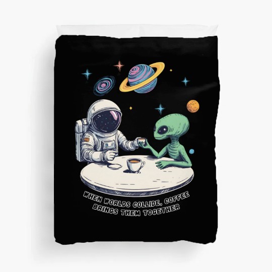 An astronaut, an alien and a cup of coffee Duvet Covers