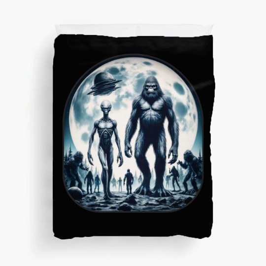 Alien And Bigfoot Sasquatch Moon Duvet Covers