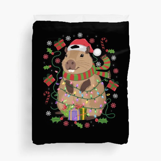 Cute Christmas Capybara - Holiday Lights and Gifts Duvet Covers