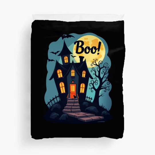 spooky haunted house with a black cat sitting Duvet Covers