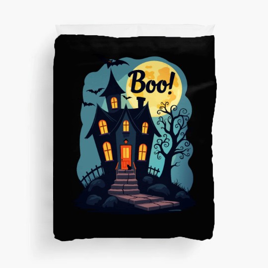 spooky haunted house with a black cat sitting Duvet Covers