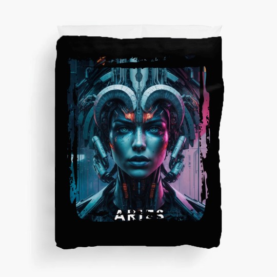 Zodiac sign Aries in cyberpunk era Future Duvet Covers