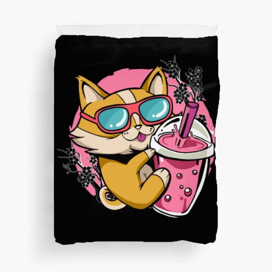 Kitten Kawaii Boba Milk Tea Drinking Cat Duvet Covers