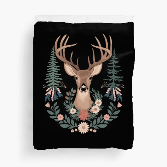 Cottagecore Deer with Floral Wreath and Evergreen Duvet Covers